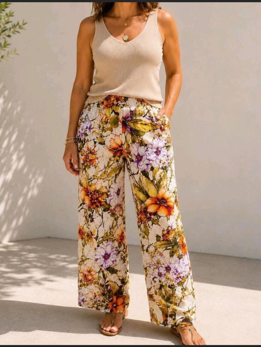 Chico's Floral Straight-Leg Pants in Cream with Orange & Purple Accents - Picture 1 of 10